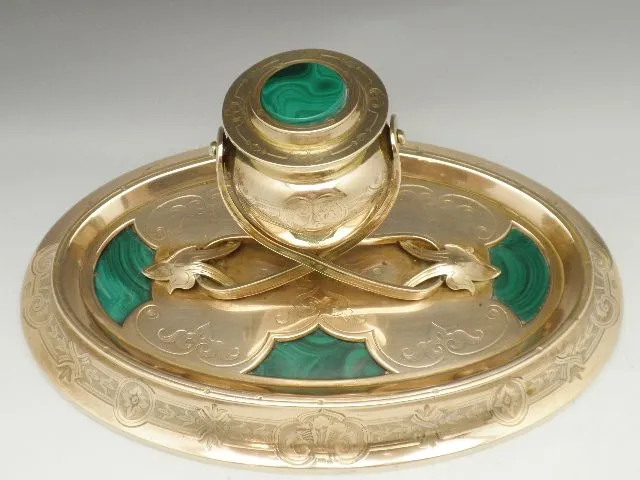 Antique Russian Malachite Inkwell Ormolu
