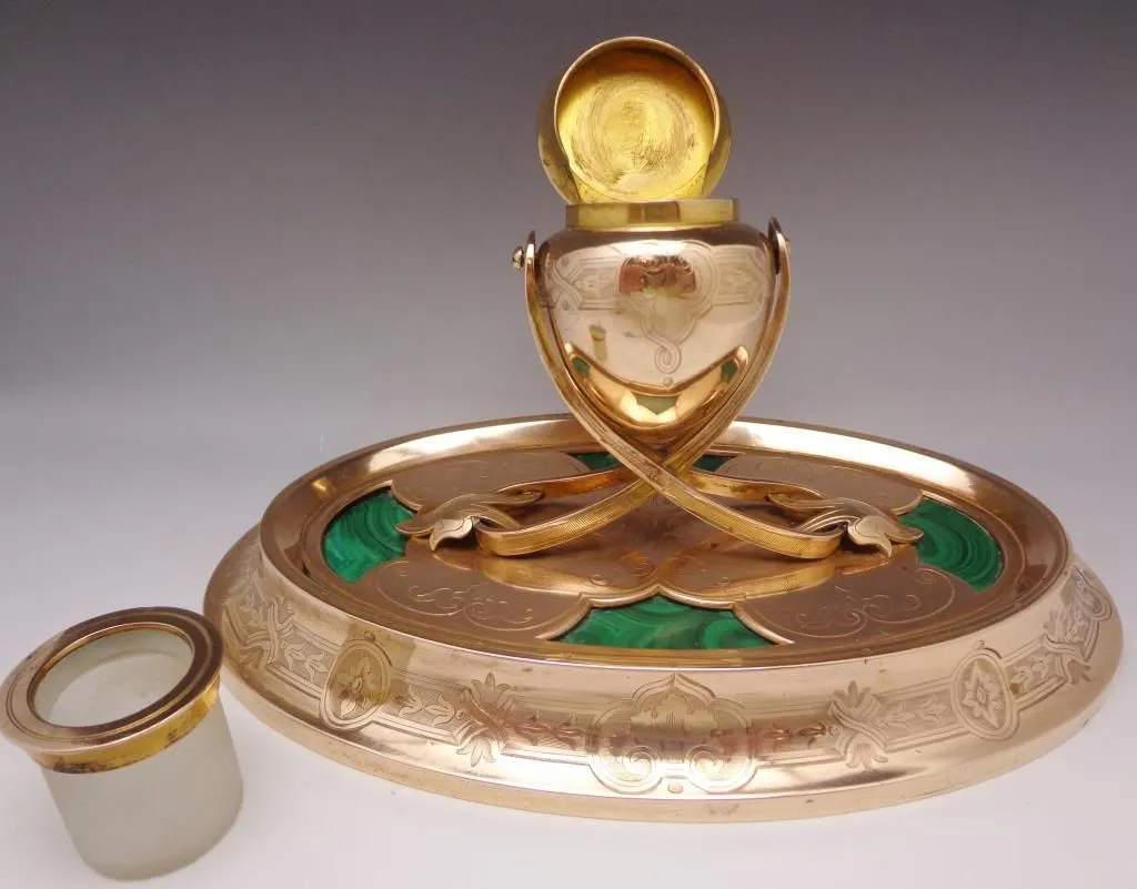 Antique Russian Malachite Inkwell Ormolu