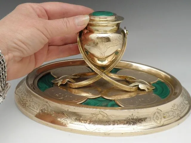 Antique Russian Malachite Inkwell Ormolu