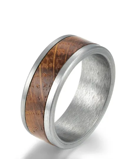 Antique Whiskey Ring - Tungsten Whiskey Barrel Wood Antique Finish Men's Wedding Band 8MM