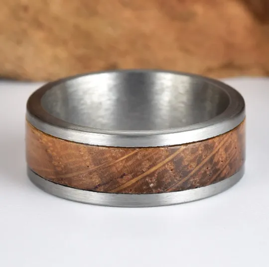 Antique Whiskey Ring - Tungsten Whiskey Barrel Wood Antique Finish Men's Wedding Band 8MM