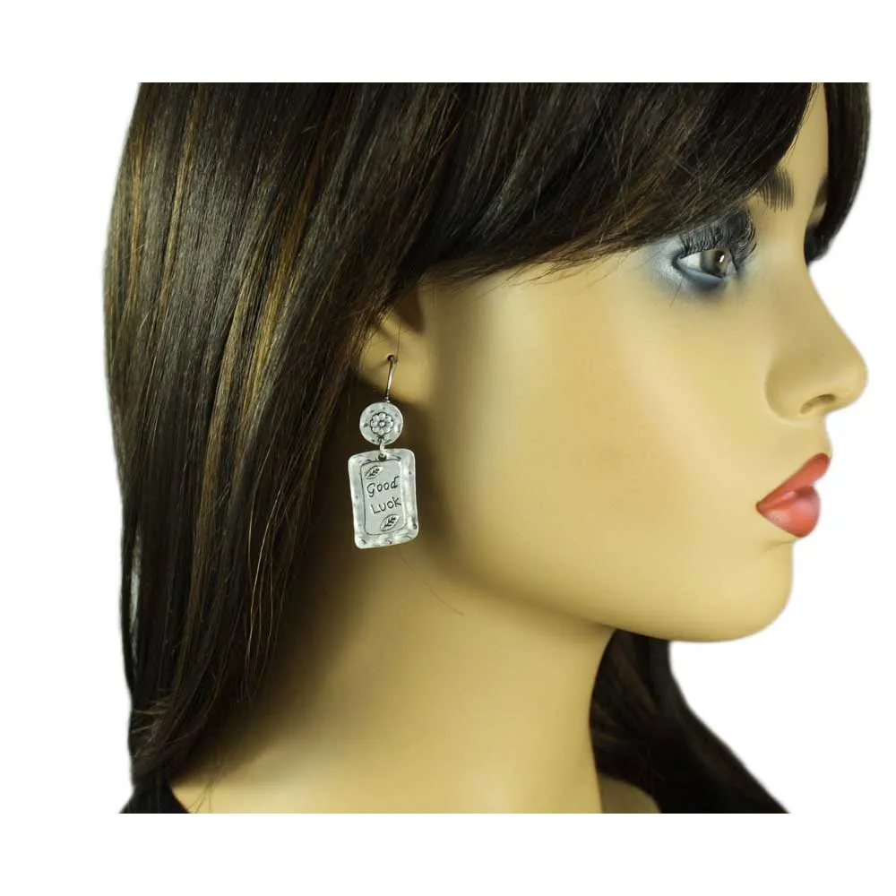 Antiqued Hammered Silver-tone Good Luck Pierced Earring - MEC150