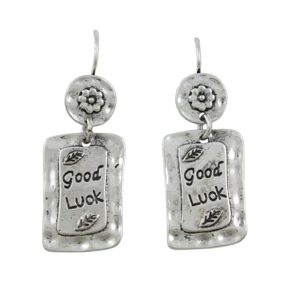 Antiqued Hammered Silver-tone Good Luck Pierced Earring - MEC150
