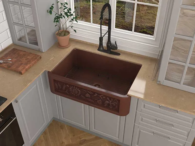 Anzzi Anatolian Farmhouse Handmade Copper 33 in. 0-Hole Single Bowl Kitchen Sink with Sunflower Design Panel in Polished Antique Copper