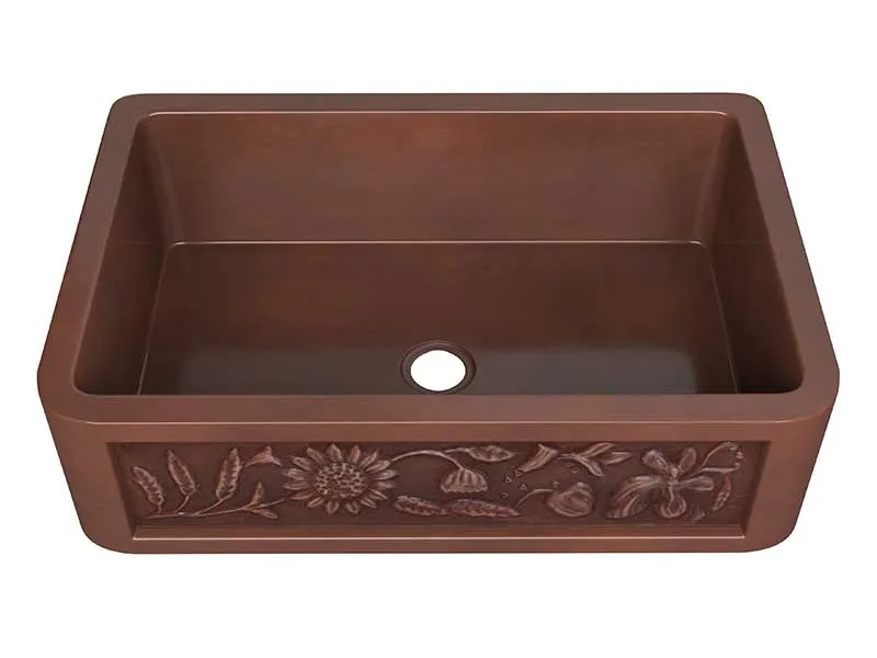 Anzzi Anatolian Farmhouse Handmade Copper 33 in. 0-Hole Single Bowl Kitchen Sink with Sunflower Design Panel in Polished Antique Copper