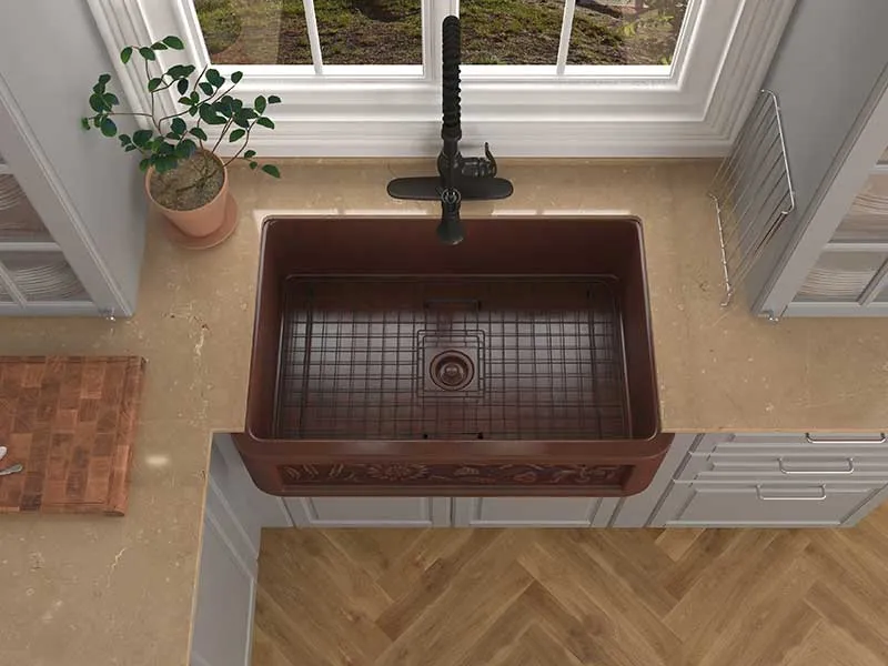 Anzzi Anatolian Farmhouse Handmade Copper 33 in. 0-Hole Single Bowl Kitchen Sink with Sunflower Design Panel in Polished Antique Copper