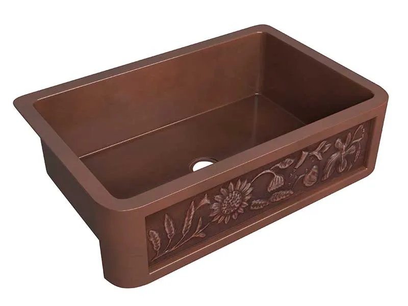 Anzzi Anatolian Farmhouse Handmade Copper 33 in. 0-Hole Single Bowl Kitchen Sink with Sunflower Design Panel in Polished Antique Copper