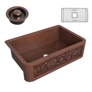 Anzzi Anatolian Farmhouse Handmade Copper 33 in. 0-Hole Single Bowl Kitchen Sink with Sunflower Design Panel in Polished Antique Copper