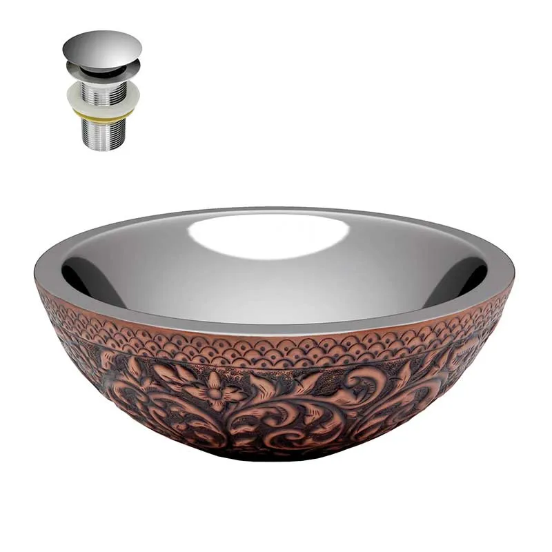Anzzi Crete 14 in. Handmade Vessel Sink in Polished Antique Copper with Nickel Interior and Floral Design Exterior