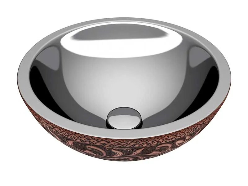 Anzzi Crete 14 in. Handmade Vessel Sink in Polished Antique Copper with Nickel Interior and Floral Design Exterior