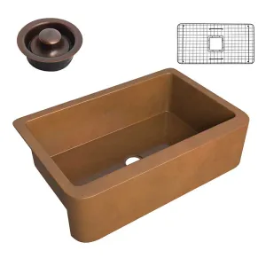 Anzzi Cyprus Farmhouse Handmade Copper 33 in. 0-Hole Single Bowl Kitchen Sink in Polished Antique Copper