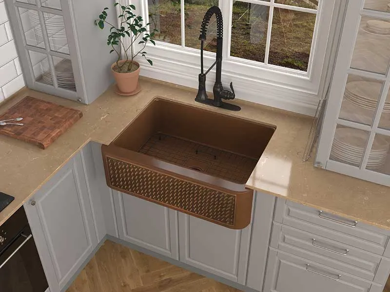 Anzzi Edessa Farmhouse Handmade Copper 30 in. 0-Hole Single Bowl Kitchen Sink with Weave Design Panel in Polished Antique Copper