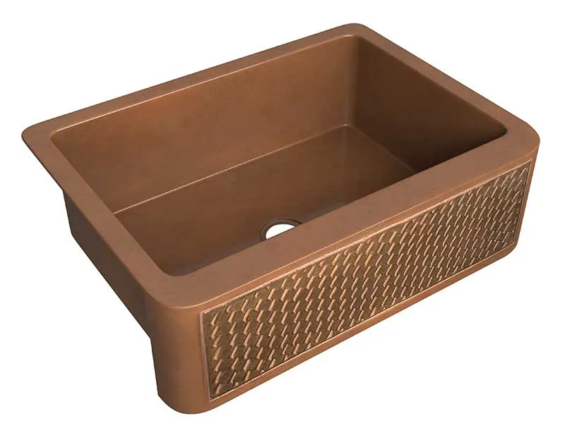 Anzzi Edessa Farmhouse Handmade Copper 30 in. 0-Hole Single Bowl Kitchen Sink with Weave Design Panel in Polished Antique Copper
