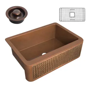 Anzzi Edessa Farmhouse Handmade Copper 30 in. 0-Hole Single Bowl Kitchen Sink with Weave Design Panel in Polished Antique Copper