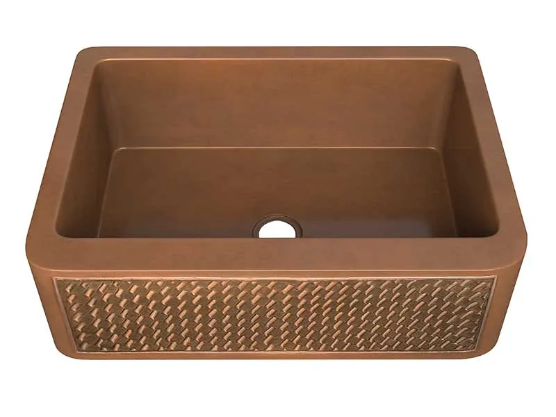 Anzzi Edessa Farmhouse Handmade Copper 30 in. 0-Hole Single Bowl Kitchen Sink with Weave Design Panel in Polished Antique Copper