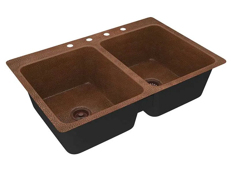 Anzzi Elen Drop-in Handmade Copper 33 in. 4-Hole 50/50 Double Bowl Kitchen Sink in Hammered Antique Copper