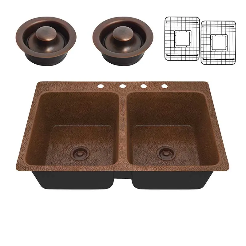 Anzzi Elen Drop-in Handmade Copper 33 in. 4-Hole 50/50 Double Bowl Kitchen Sink in Hammered Antique Copper