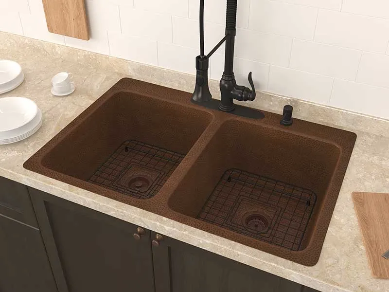 Anzzi Elen Drop-in Handmade Copper 33 in. 4-Hole 50/50 Double Bowl Kitchen Sink in Hammered Antique Copper
