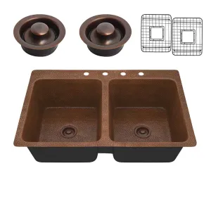 Anzzi Elen Drop-in Handmade Copper 33 in. 4-Hole 50/50 Double Bowl Kitchen Sink in Hammered Antique Copper
