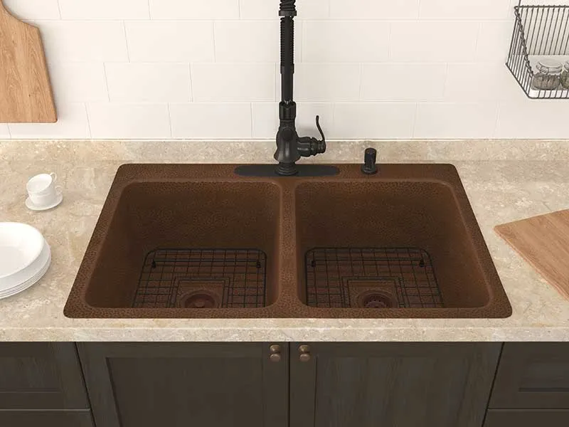 Anzzi Elen Drop-in Handmade Copper 33 in. 4-Hole 50/50 Double Bowl Kitchen Sink in Hammered Antique Copper