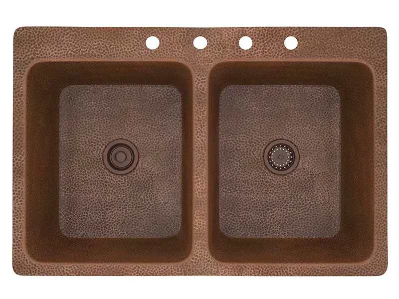 Anzzi Elen Drop-in Handmade Copper 33 in. 4-Hole 50/50 Double Bowl Kitchen Sink in Hammered Antique Copper