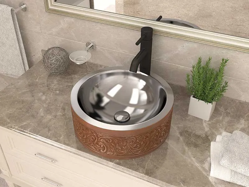 Anzzi Fleet 16 in. Handmade Vessel Sink in Polished Antique Copper with Floral Design Exterior