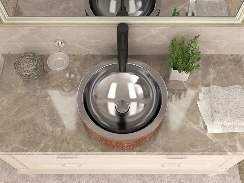 Anzzi Fleet 16 in. Handmade Vessel Sink in Polished Antique Copper with Floral Design Exterior