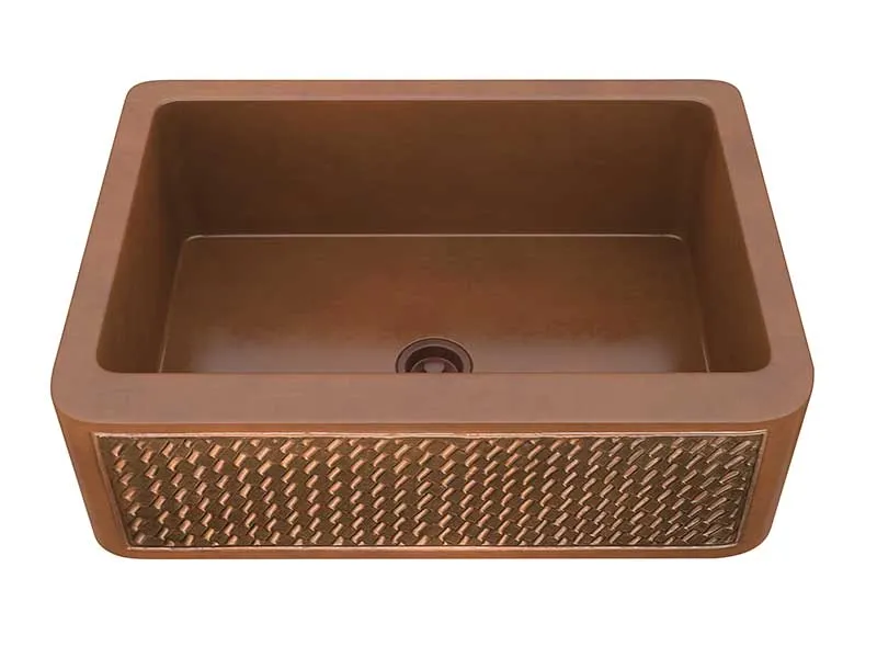 Anzzi Indulgence Farmhouse Handmade Copper 30 in. 0-Hole Single Bowl Kitchen Sink with Weave Design Panel in Polished Antique Copper