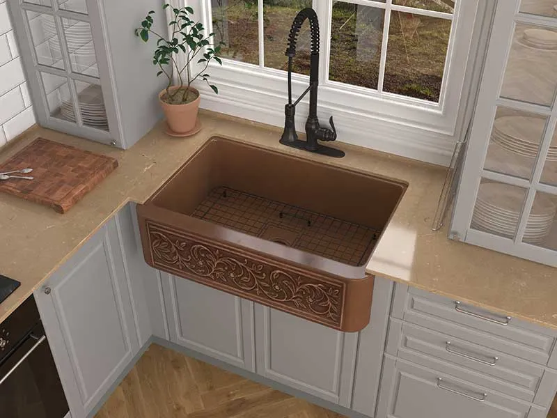Anzzi Lahar Farmhouse Handmade Copper 33 in. 0-Hole Single Bowl Kitchen Sink with Floral Design Panel in Polished Antique Copper