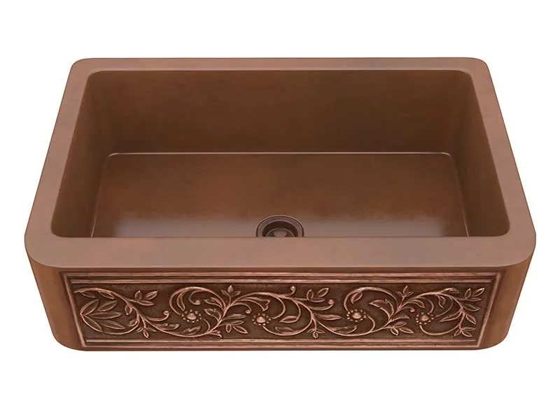 Anzzi Lahar Farmhouse Handmade Copper 33 in. 0-Hole Single Bowl Kitchen Sink with Floral Design Panel in Polished Antique Copper