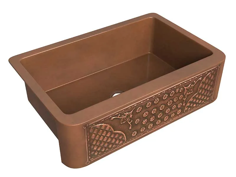 Anzzi Macedonian Farmhouse Handmade Copper 33 in. 0-Hole Single Bowl Kitchen Sink with Flower Bed Design Panel in Polished Antique Copper
