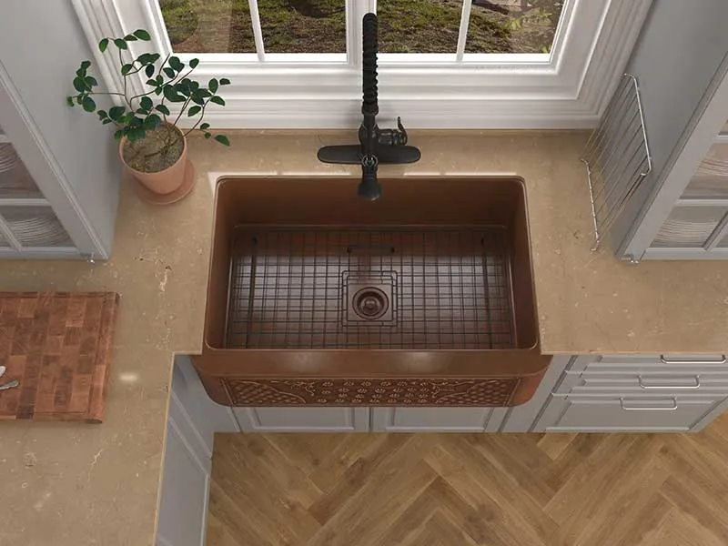 Anzzi Macedonian Farmhouse Handmade Copper 33 in. 0-Hole Single Bowl Kitchen Sink with Flower Bed Design Panel in Polished Antique Copper