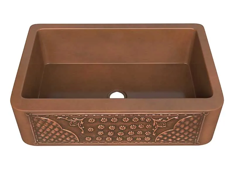Anzzi Macedonian Farmhouse Handmade Copper 33 in. 0-Hole Single Bowl Kitchen Sink with Flower Bed Design Panel in Polished Antique Copper