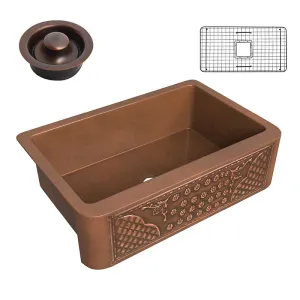 Anzzi Macedonian Farmhouse Handmade Copper 33 in. 0-Hole Single Bowl Kitchen Sink with Flower Bed Design Panel in Polished Antique Copper