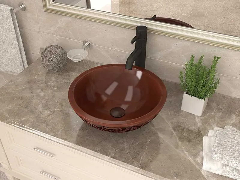 Anzzi Pisces 16 in. Handmade Vessel Sink in Polished Antique Copper with Floral Design Exterior