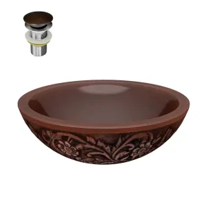 Anzzi Pisces 16 in. Handmade Vessel Sink in Polished Antique Copper with Floral Design Exterior