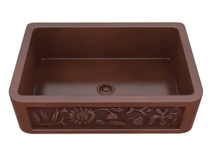 Anzzi Saint Farmhouse Handmade Copper 33 in. 0-Hole Single Bowl Kitchen Sink with Sunflower Design Panel in Polished Antique Copper