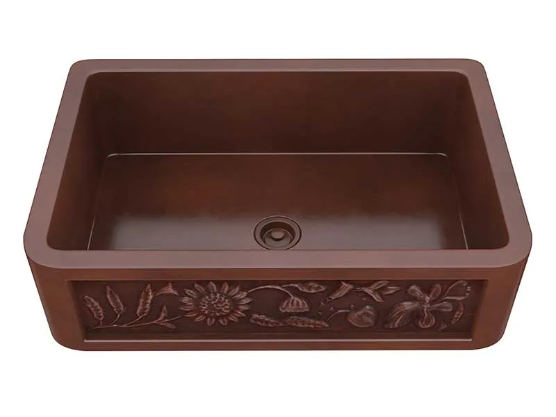 Anzzi Saint Farmhouse Handmade Copper 33 in. 0-Hole Single Bowl Kitchen Sink with Sunflower Design Panel in Polished Antique Copper