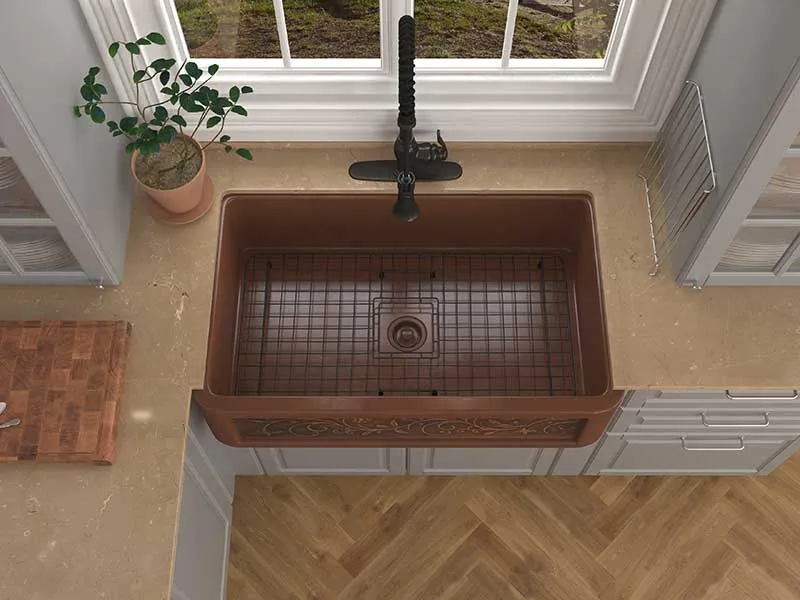 Anzzi Vattay Farmhouse Handmade Copper 36 in. 0-Hole Single Bowl Kitchen Sink with Floral Design Panel in Polished Antique Copper