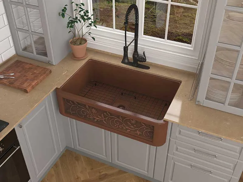 Anzzi Vattay Farmhouse Handmade Copper 36 in. 0-Hole Single Bowl Kitchen Sink with Floral Design Panel in Polished Antique Copper