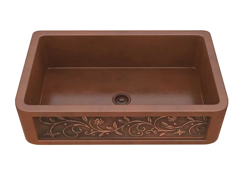 Anzzi Vattay Farmhouse Handmade Copper 36 in. 0-Hole Single Bowl Kitchen Sink with Floral Design Panel in Polished Antique Copper