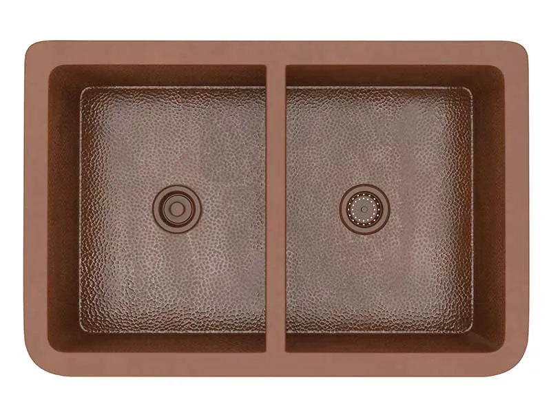 Anzzi Vilaasita Farmhouse Handmade Copper 33 in. 50/50 Double Bowl Kitchen Sink with Grape Vine Design in Hammered Antique Copper