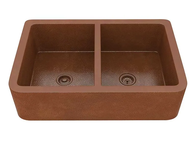 Anzzi Vilaasita Farmhouse Handmade Copper 33 in. 50/50 Double Bowl Kitchen Sink with Grape Vine Design in Hammered Antique Copper