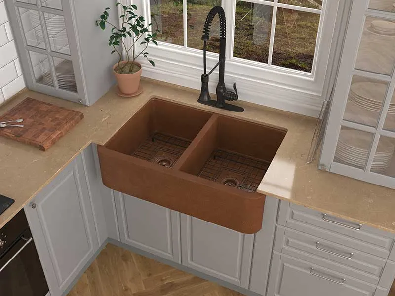 Anzzi Vilaasita Farmhouse Handmade Copper 33 in. 50/50 Double Bowl Kitchen Sink with Grape Vine Design in Hammered Antique Copper