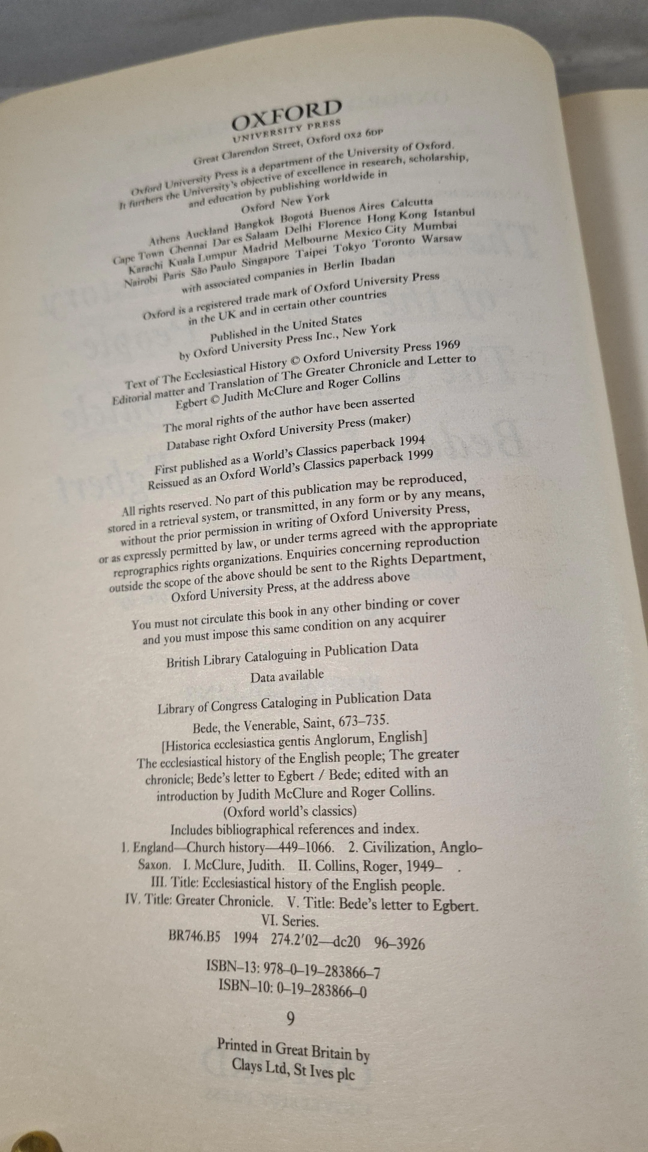 Bede The Ecclesiastical History of The English People, Oxford, 1999, Paperbacks