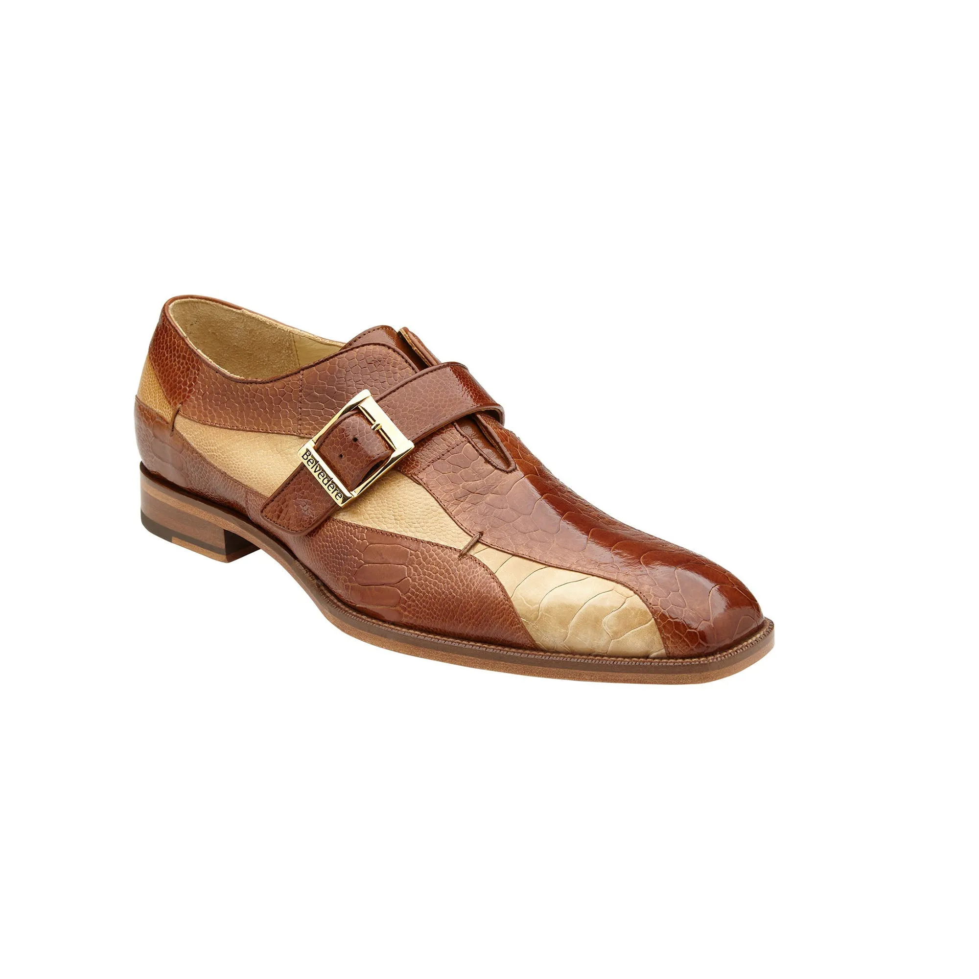 Belvedere Marte in Antique Camel / Bone Ostrich Leg Single Monk Strap Shoes