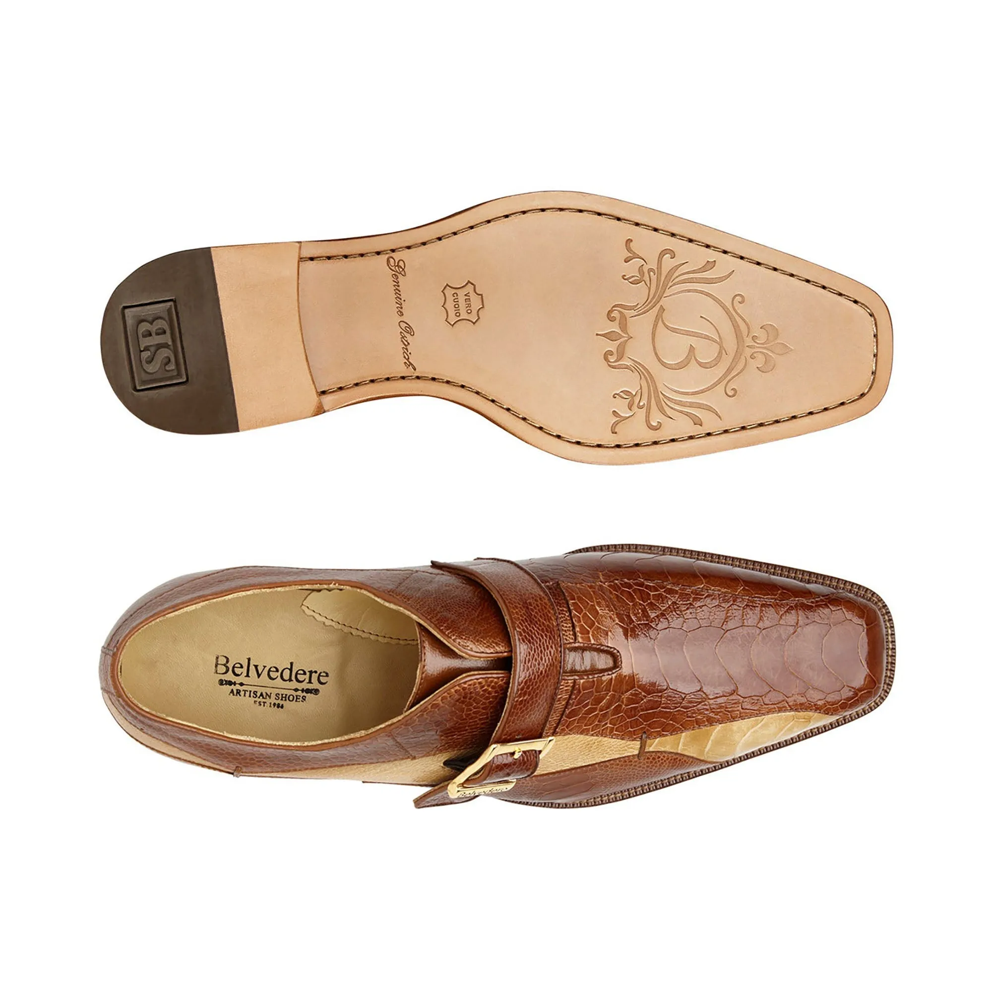 Belvedere Marte in Antique Camel / Bone Ostrich Leg Single Monk Strap Shoes