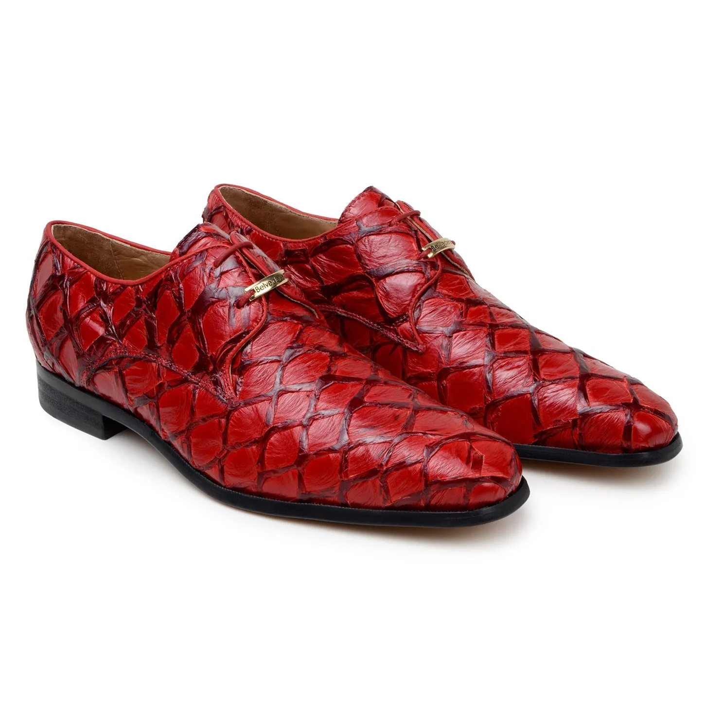 Belvedere Renzo in Red Exotic Pirarucu Lace-Up Derby Shoes