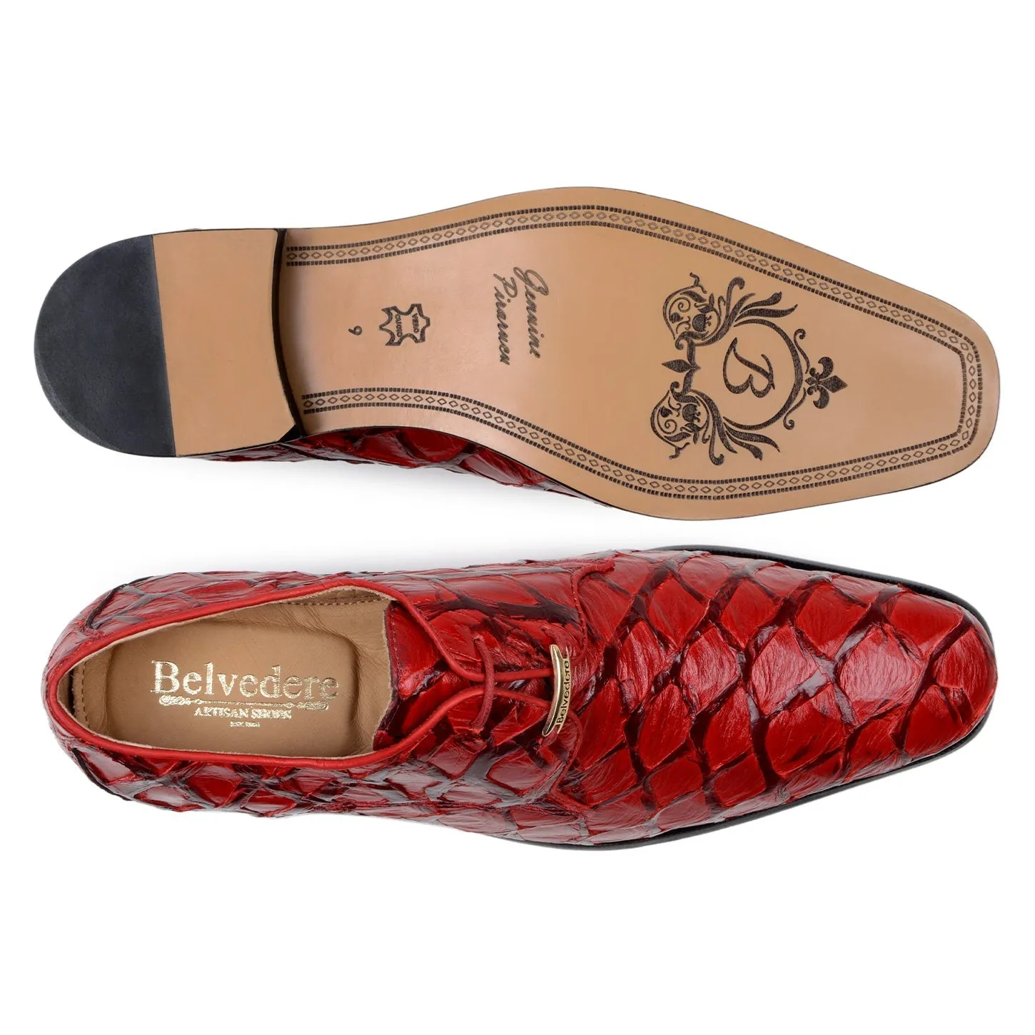 Belvedere Renzo in Red Exotic Pirarucu Lace-Up Derby Shoes