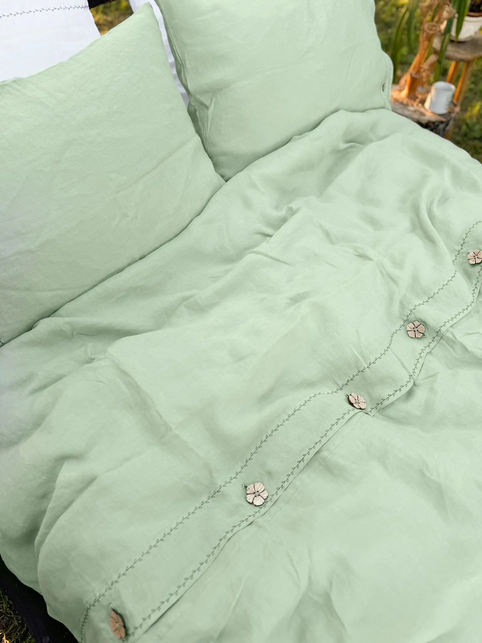 Black Embroidered Linen Duvet Cover with a top closure